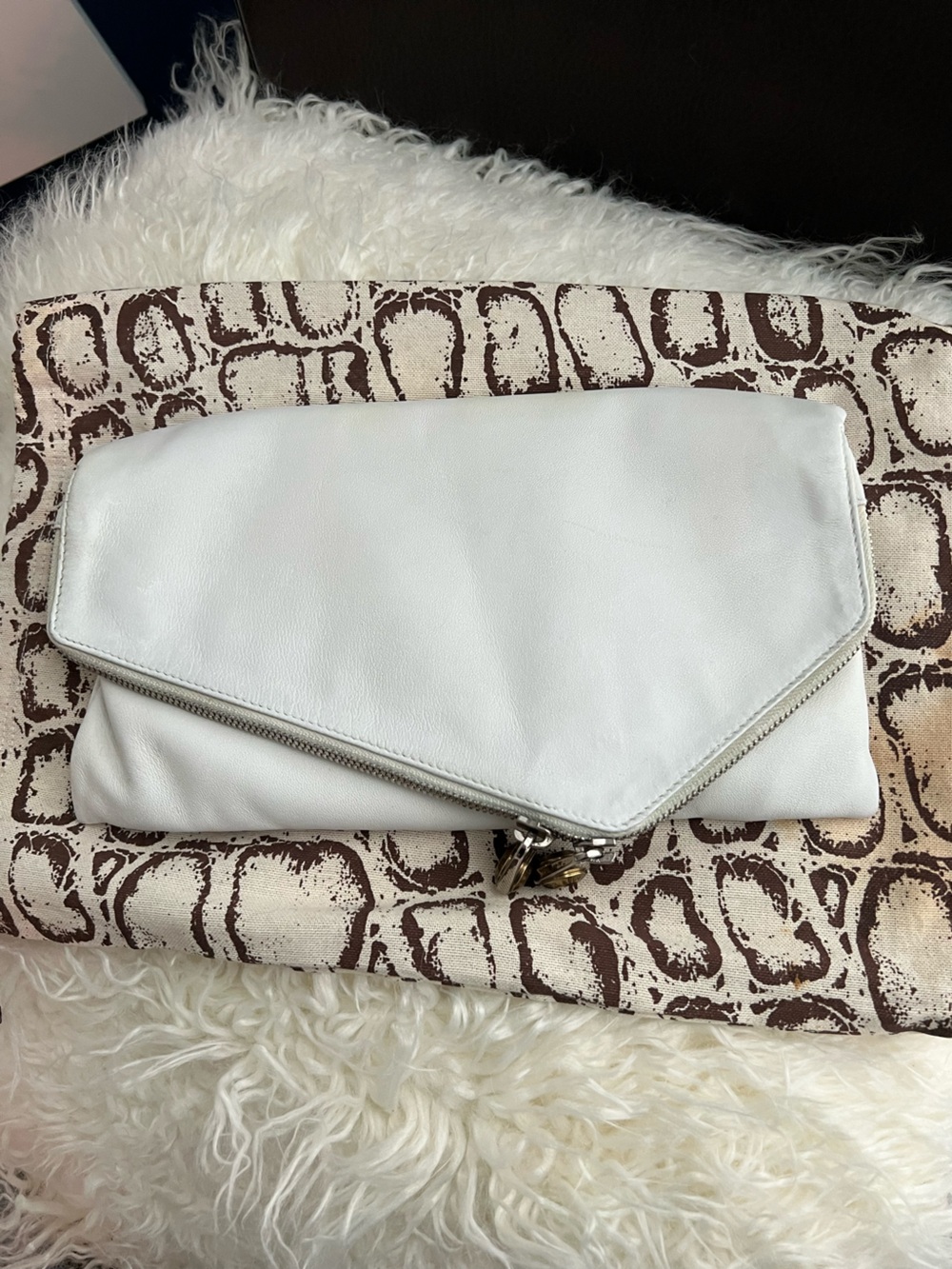 henri bendel White Leather Envelope Clutch with Zipper Detail